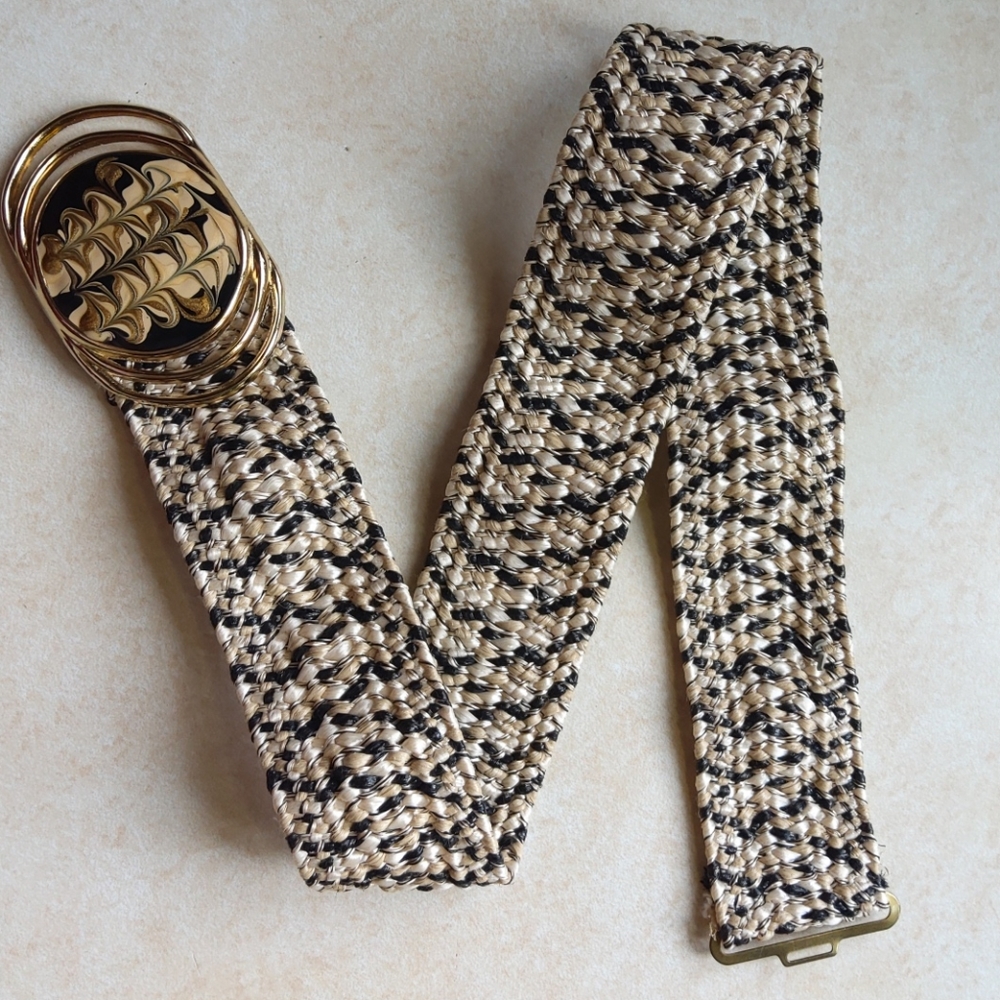 Vintage Webbed Black Cream Stretch Belt Buckle